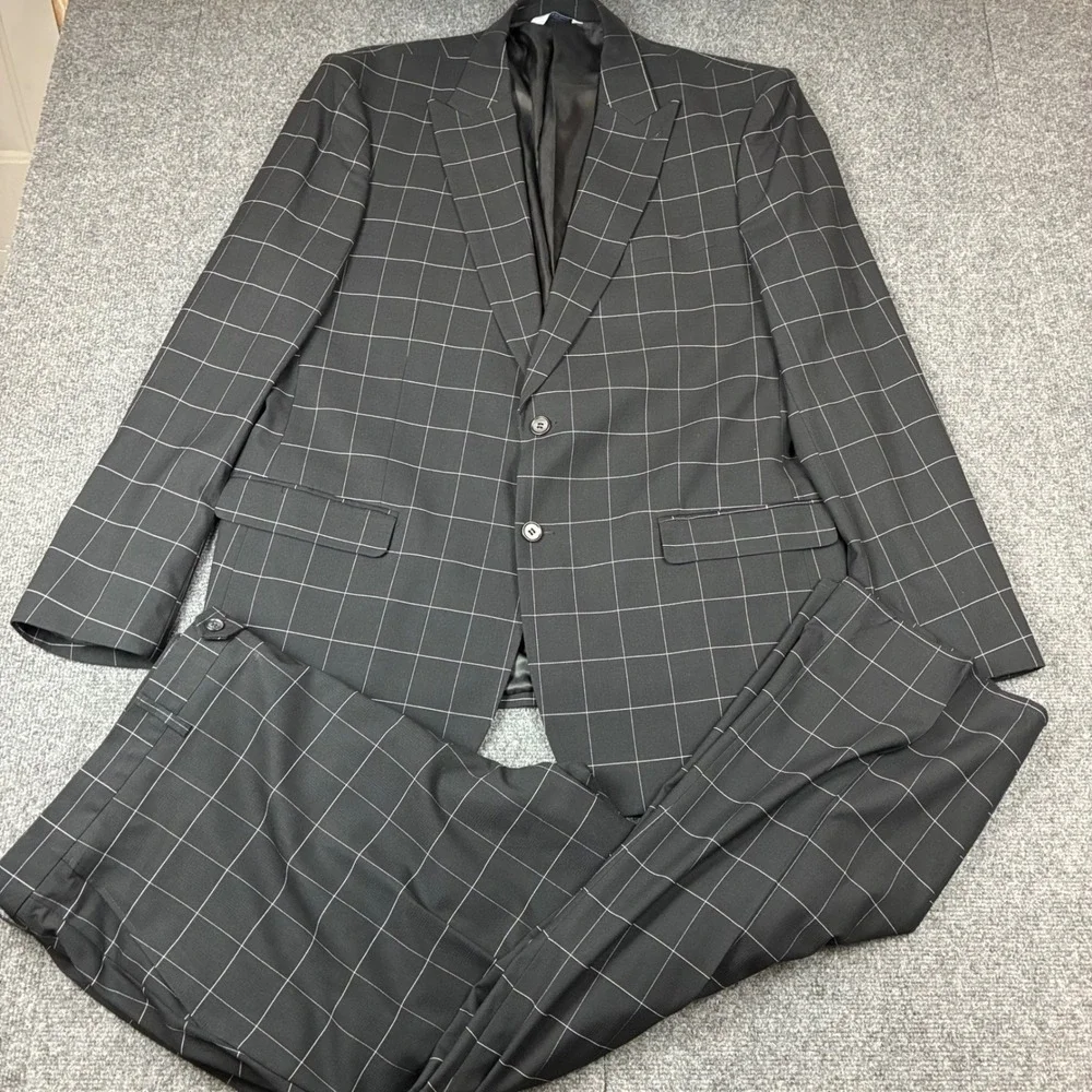 Kilburne & Fitch Mens 50L Black Windowpane Check 2 Piece Suit Blazer Trousers